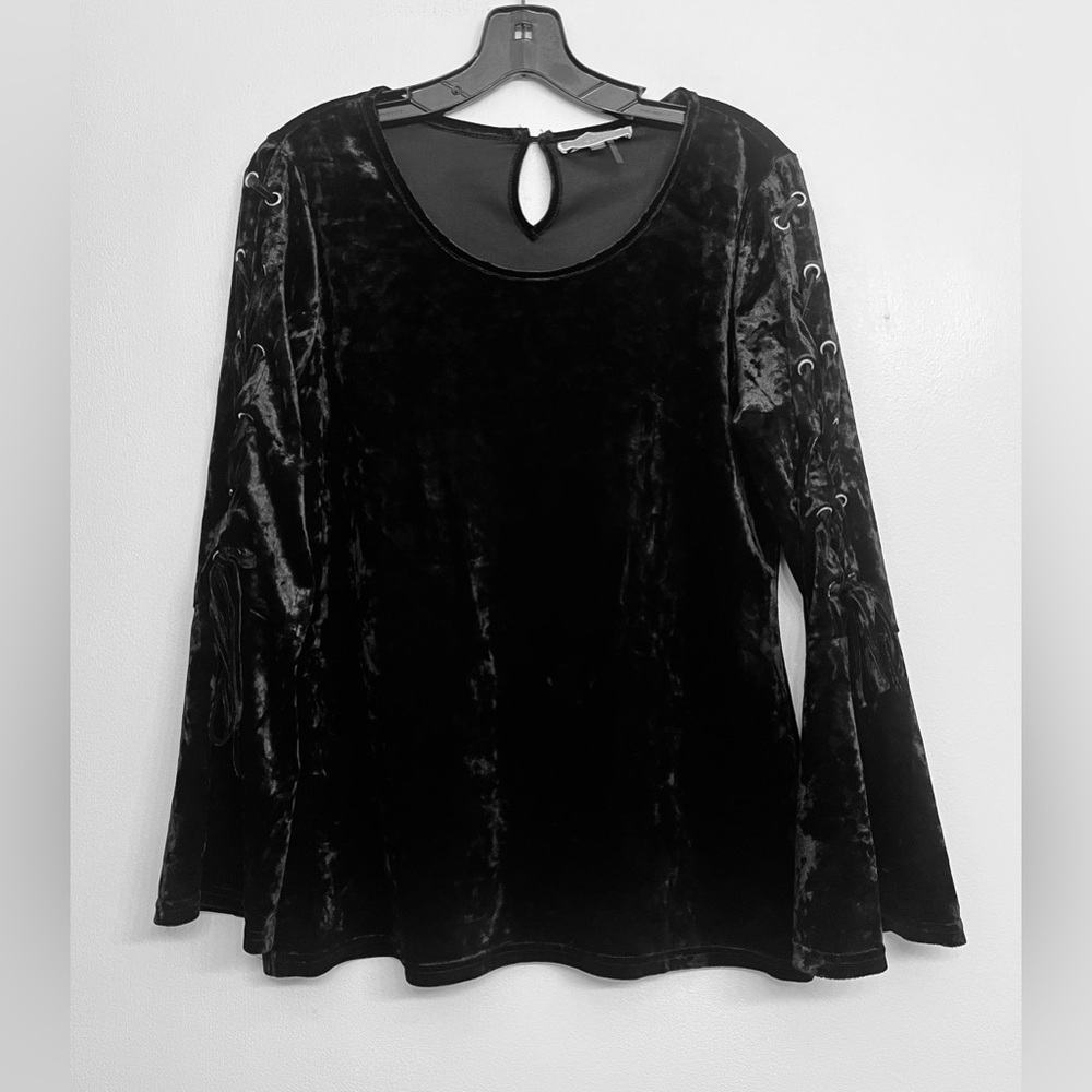 Liquid by Sioni Black Velvet Top with Lace Up Arms Detail size M